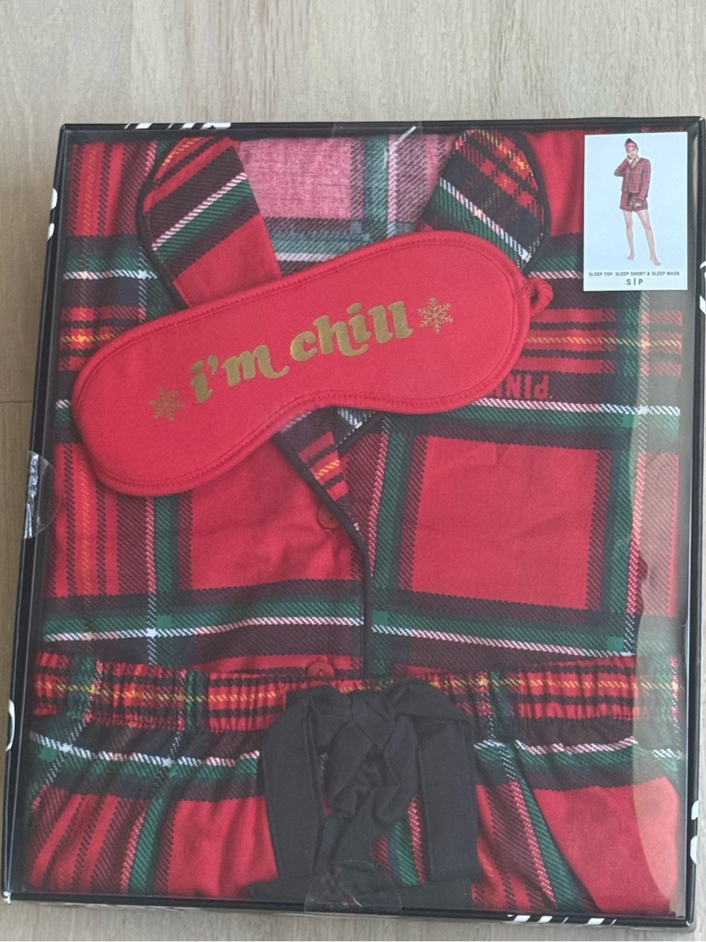 PINK Victoria's Secret Red Plaid Pajama Set with Eye Mask